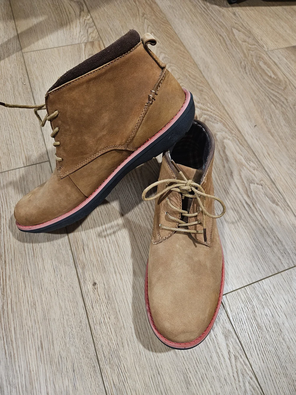Men's Muk Luks Tan Suede Lace-Up Boots with Pink Trim